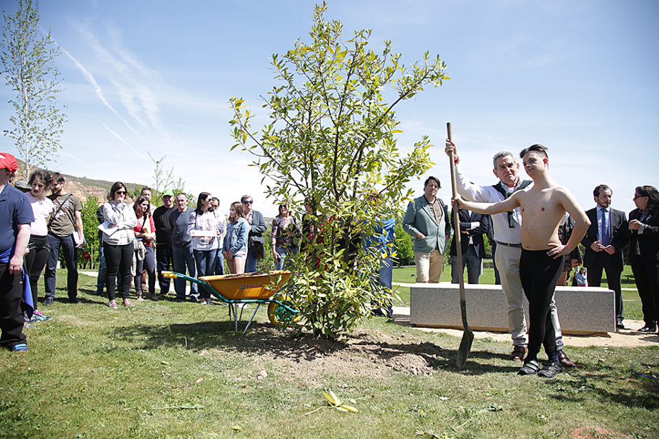 Eros Recio posa junto al árbol que ha apadrinado en el Bosque de la Danza de Logroño. / CLARA LARREA