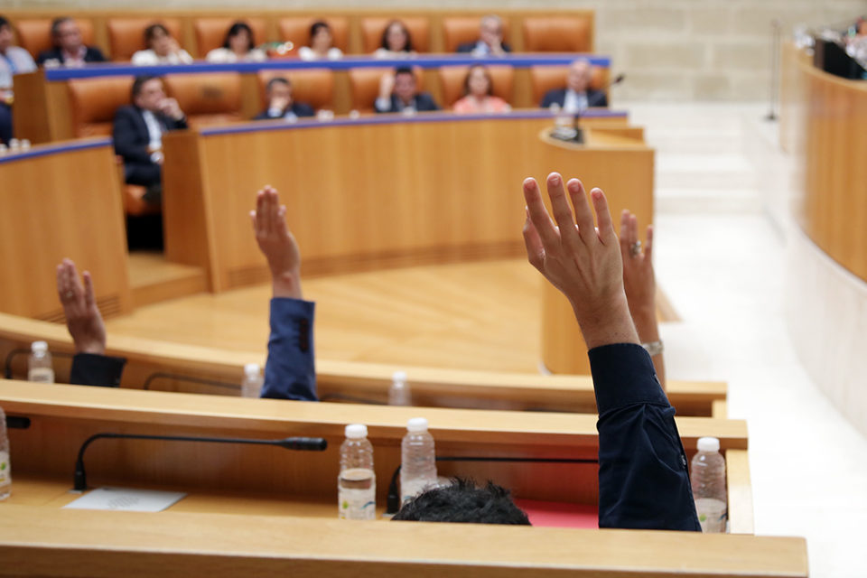 Momento en el que los diputados de la oposición levantan el brazo en la votación que ha permitido aprobar la moción de Podemos para reprobar a Pedro Sanz. / Clara Larrea
