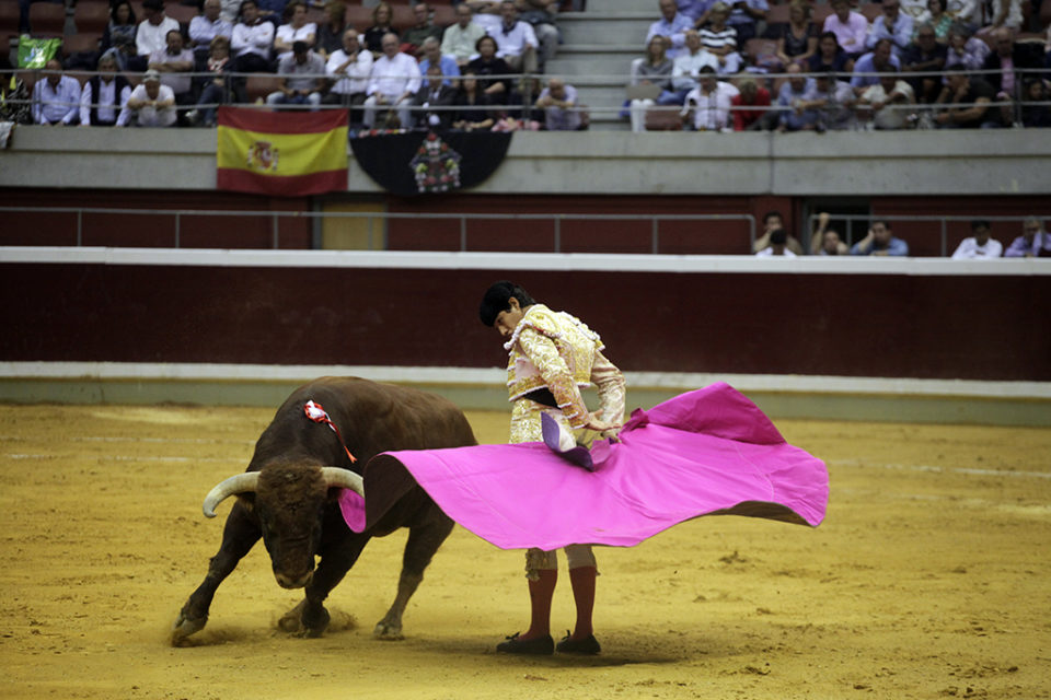 El mexicano Luis David Adame, en una revolera con el capote al sexto toro de la tarde. / Ingrid