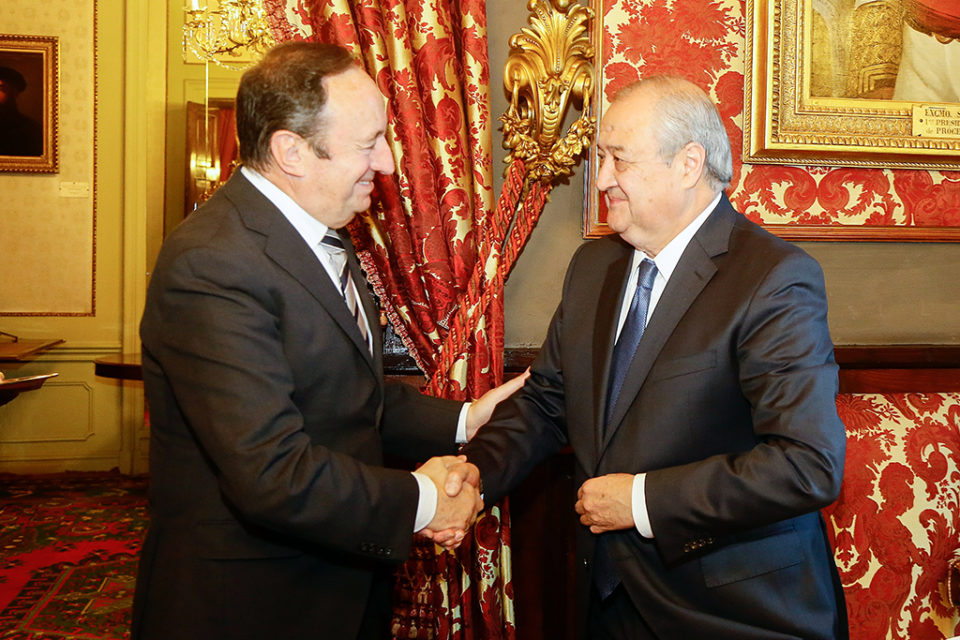 El vicepresidente primero del Senado, Pedro Sanz,, durante su encuentro de este martes con el ministro de Exteriores de Uzbekistan, Abdulaziz Kamilov. /NR