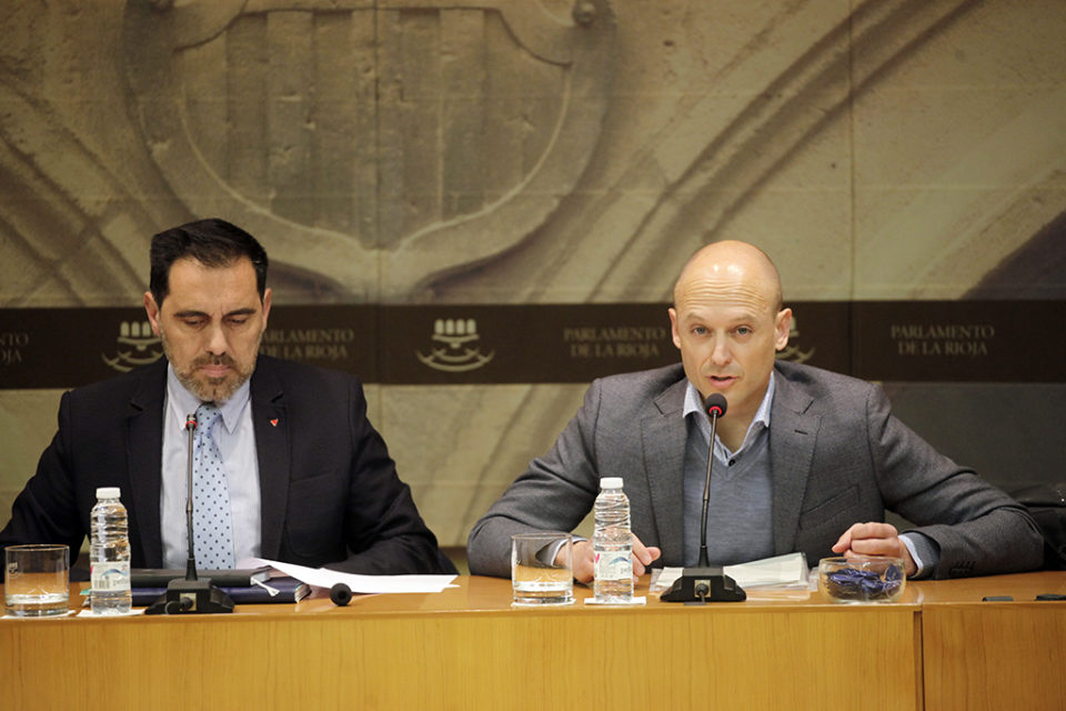 El arquitecto Esteban Pardo (derecha), durante su intervención ayer en el Parlamento. /INGRID