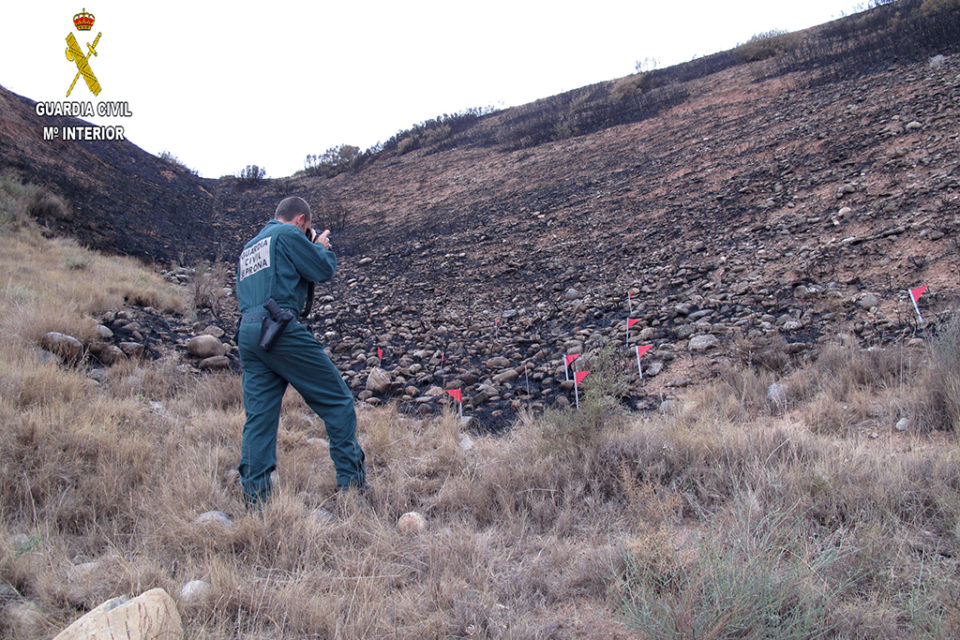 Un agente de la Guardia Civil investiga el origen del incendio forestal. / Guardia Civil