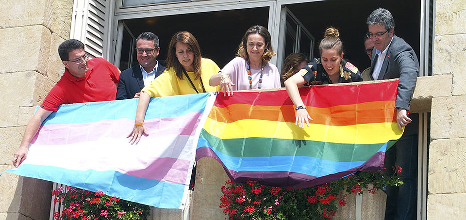 Concejales de todos los grupos desplegaron las banderas del colectivo en la fachada del Ayuntamiento. / NR