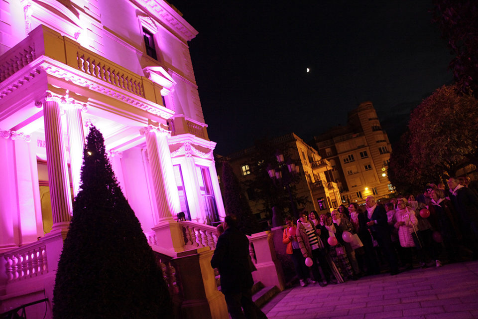 Responsables políticos y representantes de la Asociación contra el Cáncer, frente al Palacete del Gobierno. / Clara Larrea