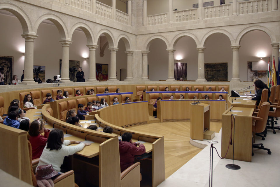 Niños del colegio Villapatro de Lardero ocuparon los asientos en los que habitualmente se sientan los diputados, en un acto conmemorativo del Día del Niño. / Clara Larrea