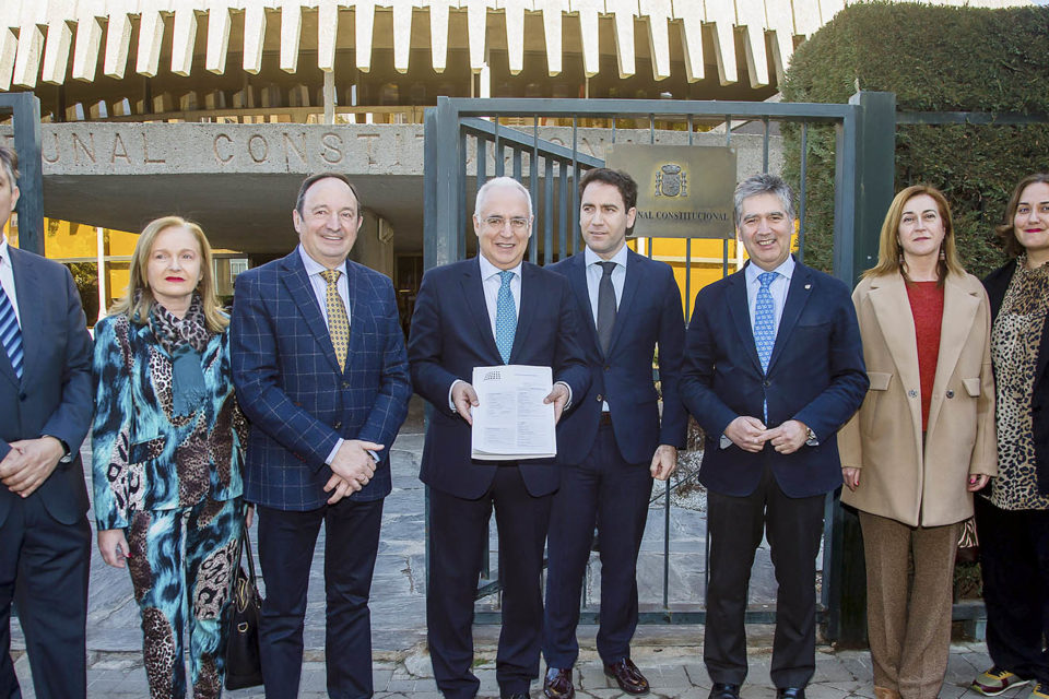 Ceniceros y la consejera Begoña Martínez, con los senadores riojanos del PP, el senador Ignacio Cosidó y el secretario general del PP, Teodoro García Egea, ante el TC. / NR
