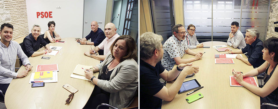 A la izquierda, los socialistas reunidos con Podemos; a la derecha, con el PR+. / Clara Larrea