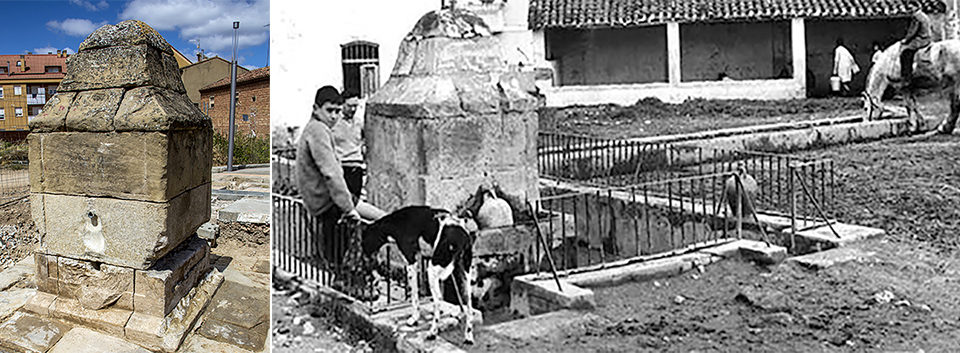 A la izquierda, los restos de la fuente. A la derecha, imagen antigua de la fuente y del abrevadero. / NR